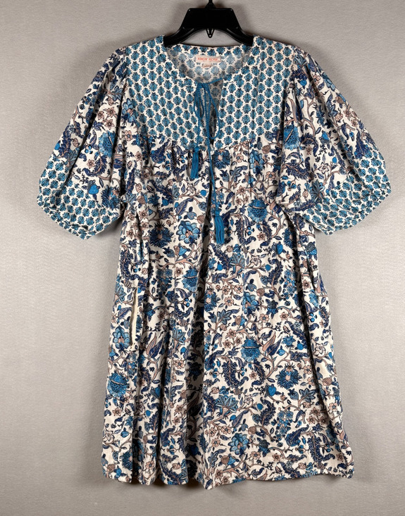 Knox Rose Dresses & Skirts - Knox Rose Women's Lg Blue Cream Floral Block Print Puff Sleeve Dress (pockets)